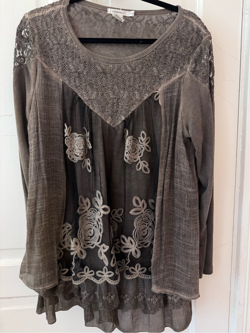Embellished Dark Gray Lace & Embroidered Long-Sleeve Tunic